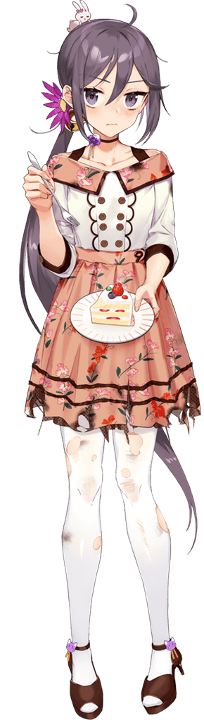 1girl, akebono_(9th_anniversary)_(kancolle), akebono_(kancolle), alternate_costume, animal, bell, cake, cake_slice, collarbone, defeat, dress, drew_(drew213g), flower, food, fork, full_body, hair_bell, hair_between_eyes, hair_flower, hair_ornament, holding, holding_fork, holding_plate, jingle_bell, kantai_collection, long_hair, official_art, pantyhose, plate, purple_eyes, purple_flower, purple_hair, rabbit, side_ponytail, solo, torn_clothes, torn_pantyhose, transparent_background, white_pantyhose