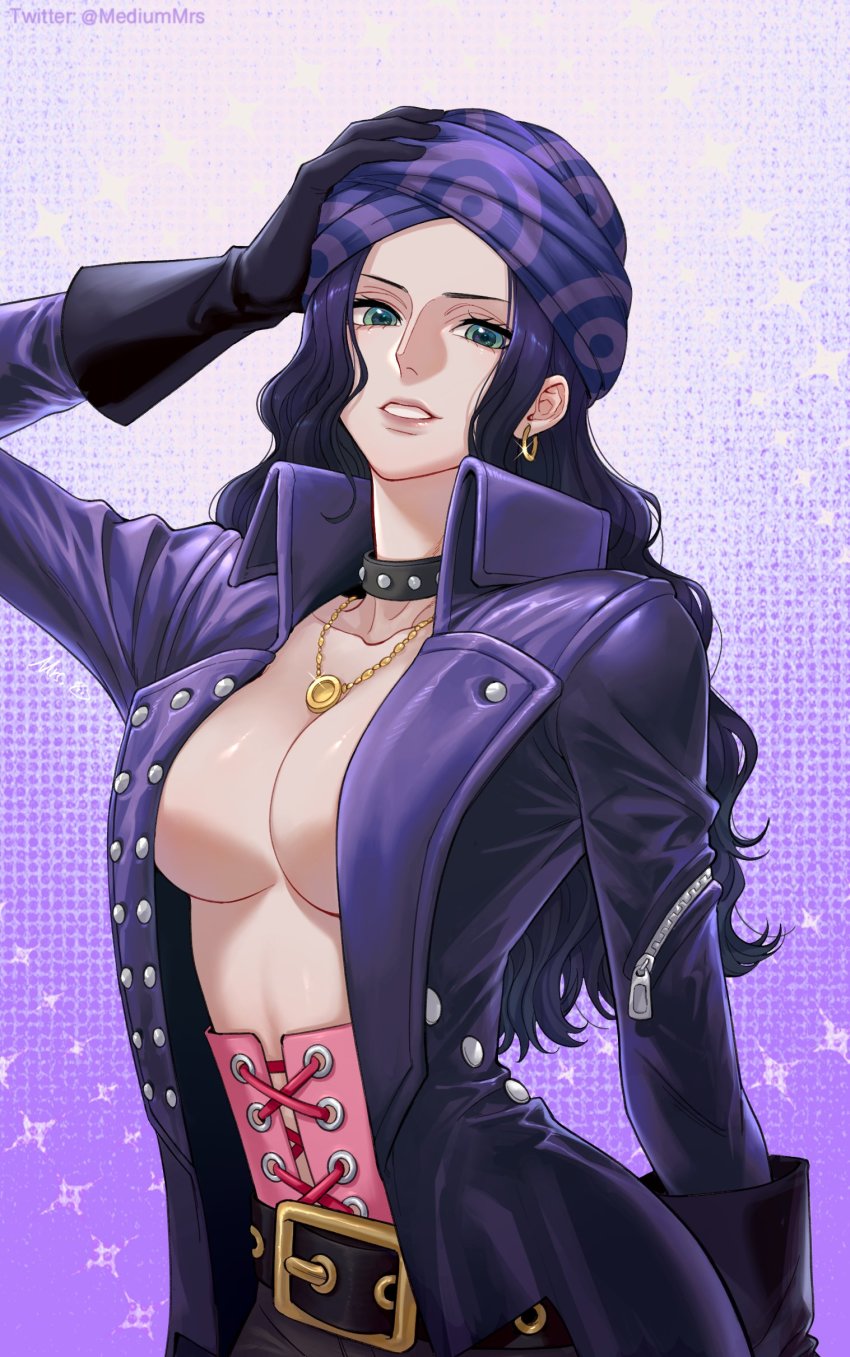 1girl, absurdres, black_gloves, black_hair, breasts, choker, cleavage, commentary, earrings, eyelashes, gloves, gold_earrings, gold_necklace, gradient_background, green_eyes, happy, highres, jacket, jewelry, large_breasts, long_hair, looking_at_viewer, mrs.custard, necklace, nico_robin, one_piece, one_piece_film:_red, purple_background, purple_jacket, smile, solo, standing, twitter_username, wavy_hair