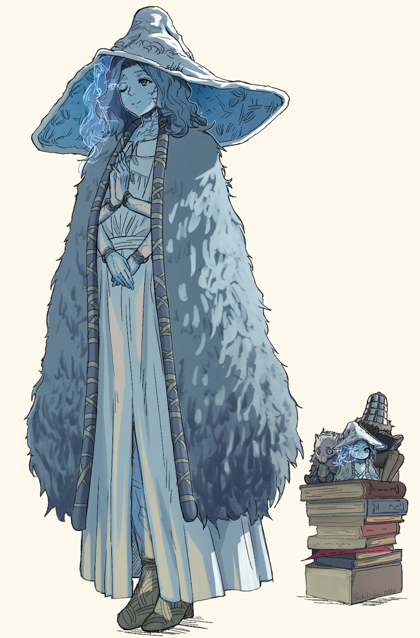 1girl, aqua_eyes, blaidd_the_half-wolf, blue_hair, blue_skin, book, book_stack, character_doll