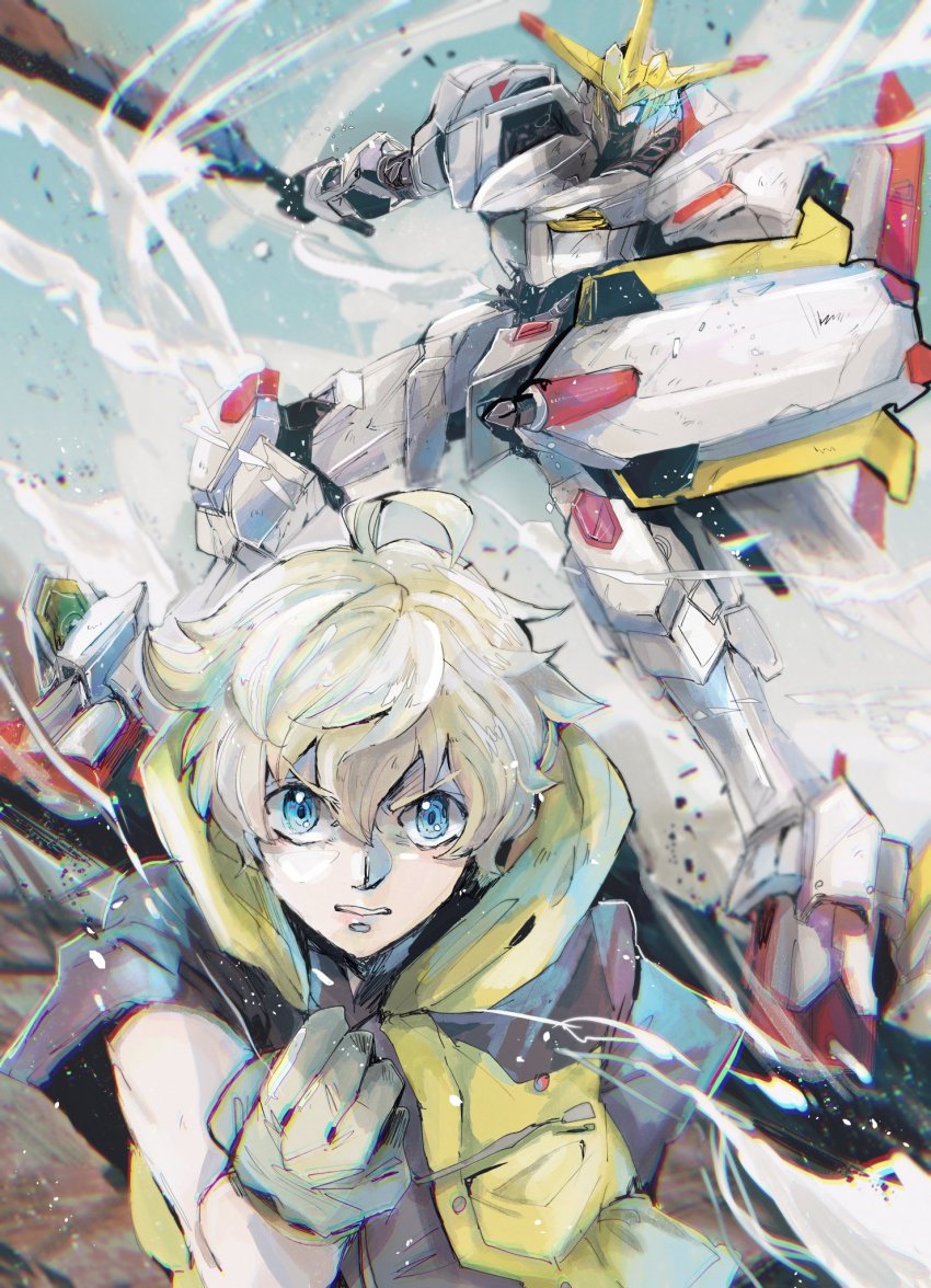 1boy, ahoge, blonde_hair, blue_eyes, clenched_hand, commentary, dust_cloud, frown, gloves, gundam, gundam_hajiroboshi, gundam_tekketsu_no_orphans, gundam_tekketsu_no_orphans_urdr_hunt, highres, holding, holding_shield, holding_sword, holding_weapon, kare_(0621utak), looking_at_viewer, male_focus, mecha, mobile_suit, robot, shield, short_hair, short_sleeves, sword, v-fin, vest, weapon, wistario_afam, yellow_vest