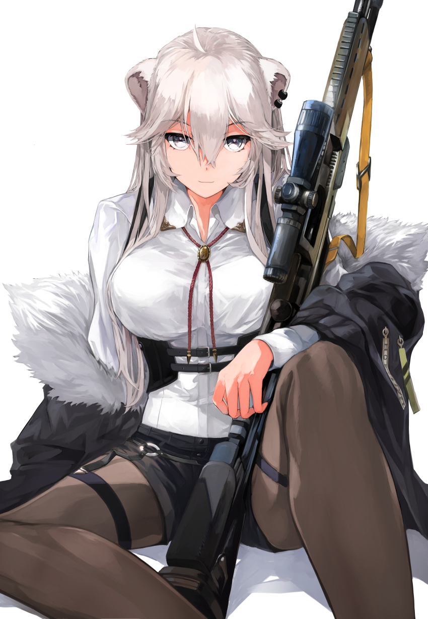 1girl, absurdres, ahoge, animal_ears, breasts, coat, ear_piercing, fur-trimmed_coat