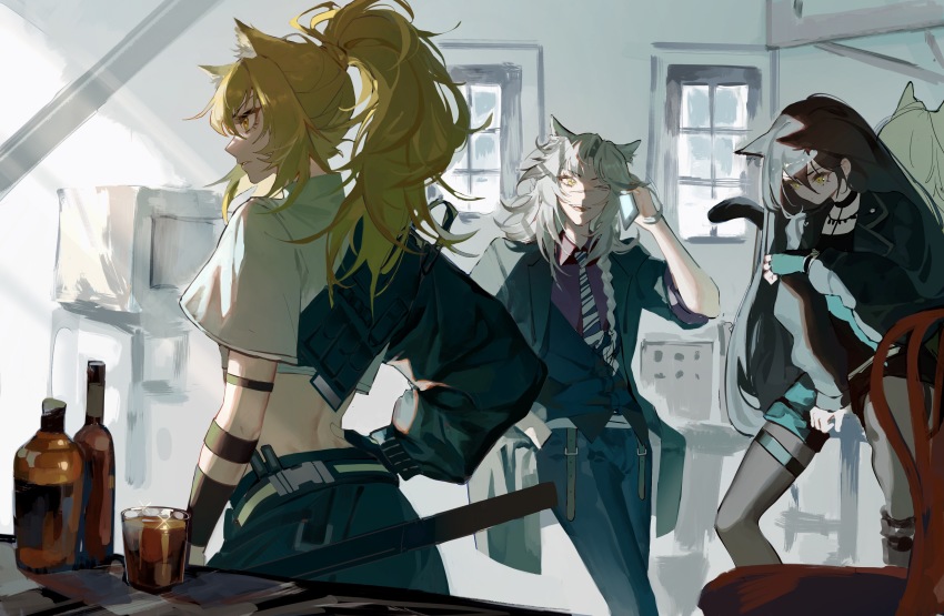 4girls, ;d, absurdres, animal_ears, arknights, asymmetrical_clothes, belt, black_choker, black_gloves, black_hair, black_jacket, black_legwear, black_pants, black_vest, blonde_hair, blue_gloves, bottle, braid, cat_ears, cat_girl, cat_tail, choker, collared_shirt, crop_top, cup, dagda_(arknights), drink, fingerless_gloves, gloves, hand_in_pocket, hand_on_own_hip, highres, indoors, indra_(arknights), indra_(valiant_general)_(arknights), jacket, long_hair, long_sleeves, ludibianyuan, morgan_(arknights), multiple_girls, necktie, official_alternate_costume, one_eye_closed, open_clothes, open_jacket, open_mouth, pants, pantyhose, parted_lips, ponytail, purple_shirt, scar, scar_across_eye, scar_on_face, shirt, side_braid, siege_(arknights), siege_(city_destroyer)_(arknights), silver_hair, single_glove, sitting, smile, striped_clothes, striped_necktie, table, tail, thigh_strap, v-shaped_eyebrows, vest, white_shirt, yellow_eyes