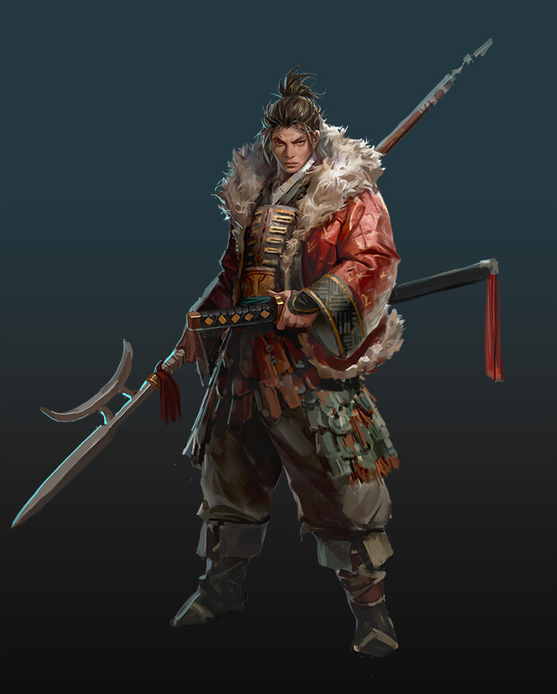 1boy, black_hair, boots, coat, dual_wielding, full_body, fur_trim, gradient_background