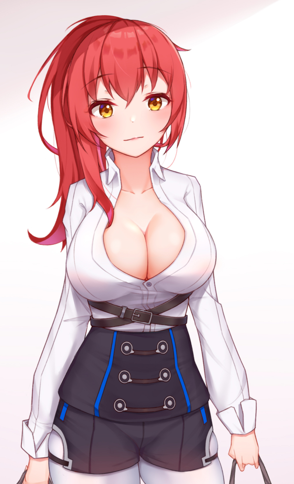 1girl, bag, black_shorts, breasts, cleavage, closed_mouth, highres, holding, holding_bag, hongshi_(13234456009), honkai_(series), honkai_impact_3rd, large_breasts, long_hair, long_sleeves, looking_at_viewer, murata_himeko, murata_himeko_(arctic_kriegsmesser), pantyhose, red_hair, shirt, shorts, solo, white_background, white_pantyhose, white_shirt, yellow_eyes