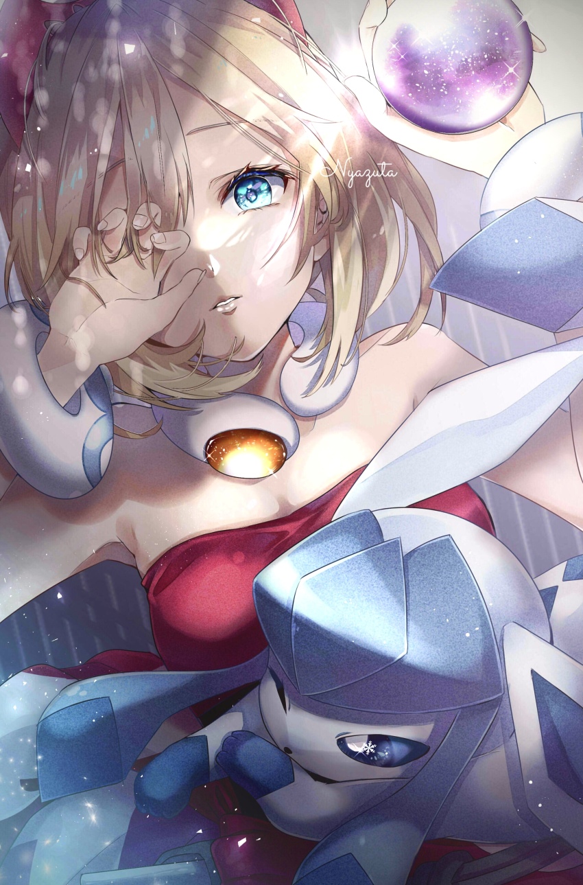 1girl, absurdres, blonde_hair, blue_eyes, breasts, gen_4_pokemon, glaceon, hairband