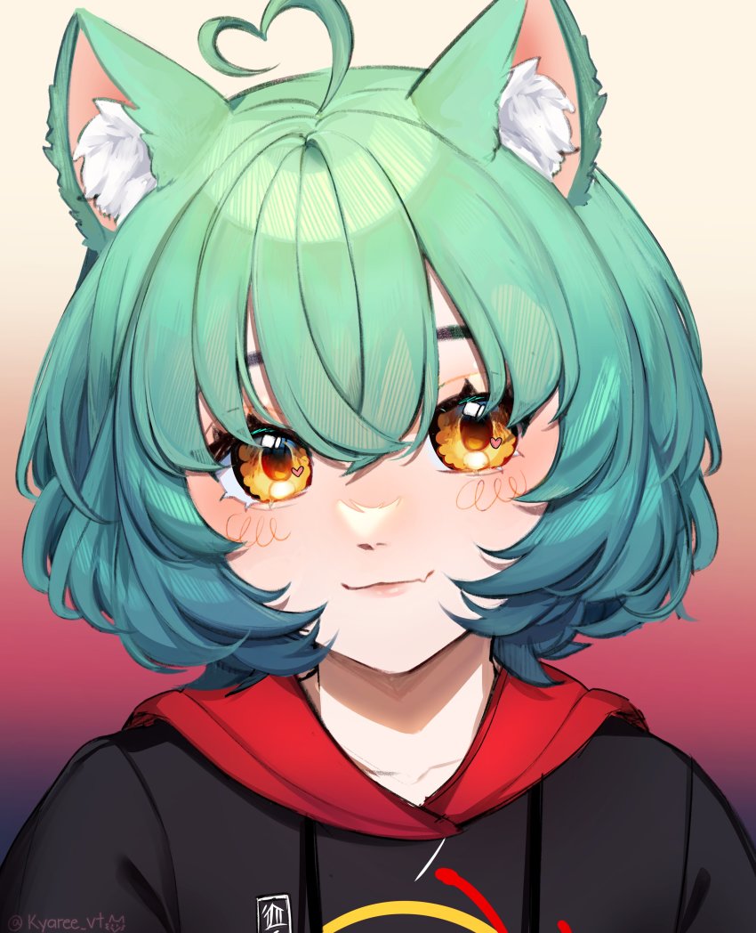 1girl, absurdres, ahoge, animal_ears, cat_ears, cat_girl, commentary, english_commentary, girl_dm, girl_dm_(2nd_costume), green_hair, hair_between_eyes, heart, heart_ahoge, highres, hood, hood_down, hoodie, indie_virtual_youtuber, kyaree, looking_at_viewer, short_hair, solo, twitter_username, upper_body, virtual_youtuber, watermark, yellow_eyes