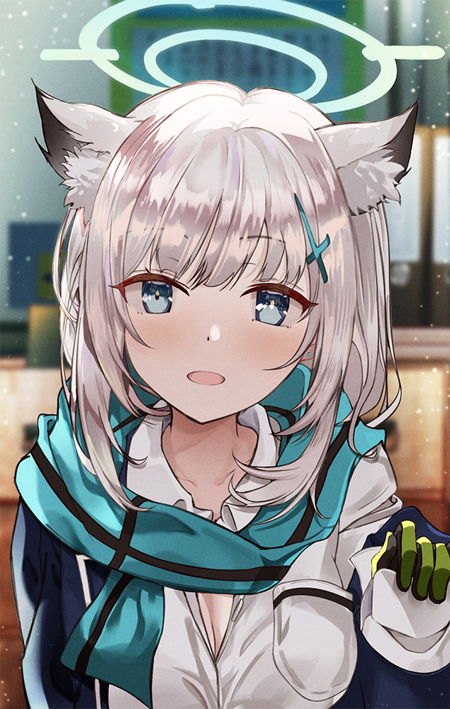 1girl, :d, animal_ear_fluff, animal_ears, black_jacket, blue_archive, blue_eyes, blue_scarf