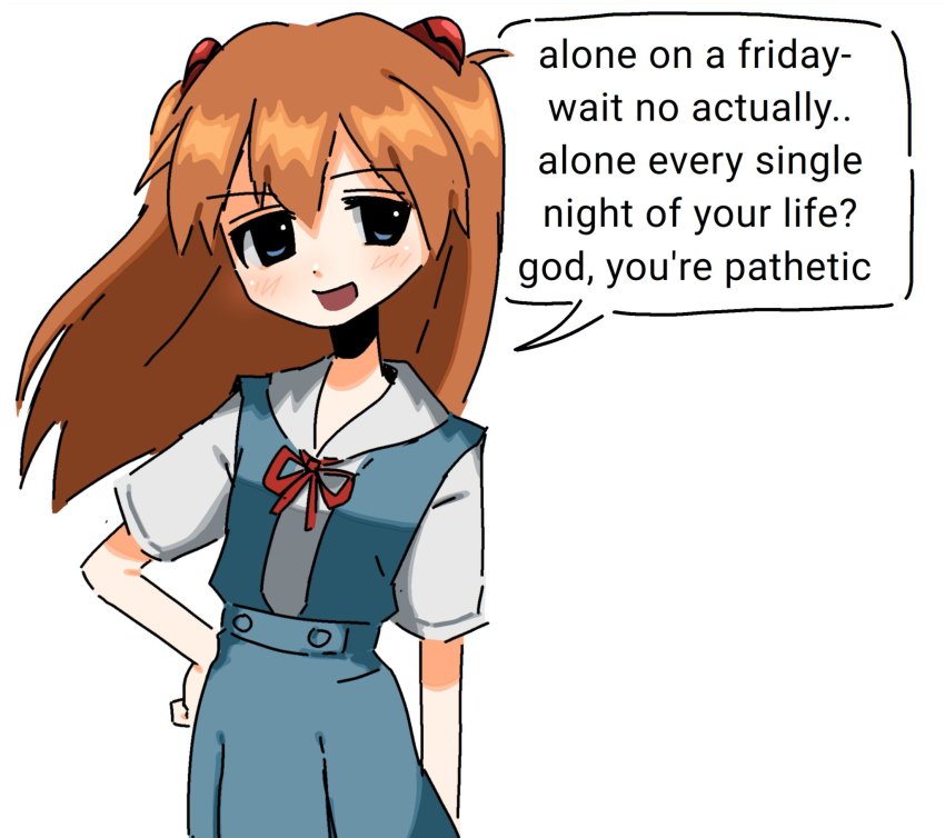 1girl, alone_on_a_friday_night?_(meme), blue_eyes, blush, bow, brown_hair, dress, english_text, female_focus, floating_hair, hair_between_eyes, hand_on_own_hip, highres, interface_headset_(evangelion), jitome, long_hair, looking_at_viewer, meme, neon_genesis_evangelion, open_mouth, school_uniform, shirt, short_sleeves, simple_background, snale, solo, souryuu_asuka_langley, speech_bubble, standing, tokyo-3_middle_school_uniform, tomoeda_elementary_school_uniform, two_side_up, upper_body, white_background, white_shirt