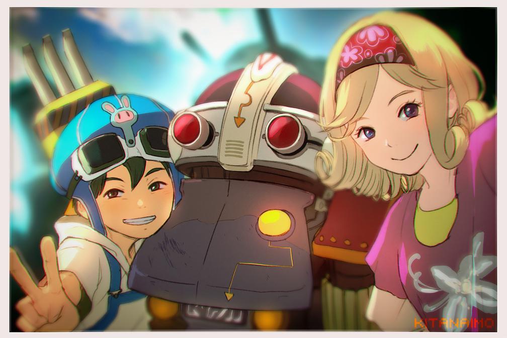 1girl, black_hair, blonde_hair, brother_and_sister, closed_mouth, cloud, curly_hair, goggles, goggles_on_headwear, hat, headband, kitanaimo, looking_at_viewer, medium_hair, robot, rosemary_(saga_frontier), saga, saga_frontier, shirt, siblings, smile, t260g_(saga), v