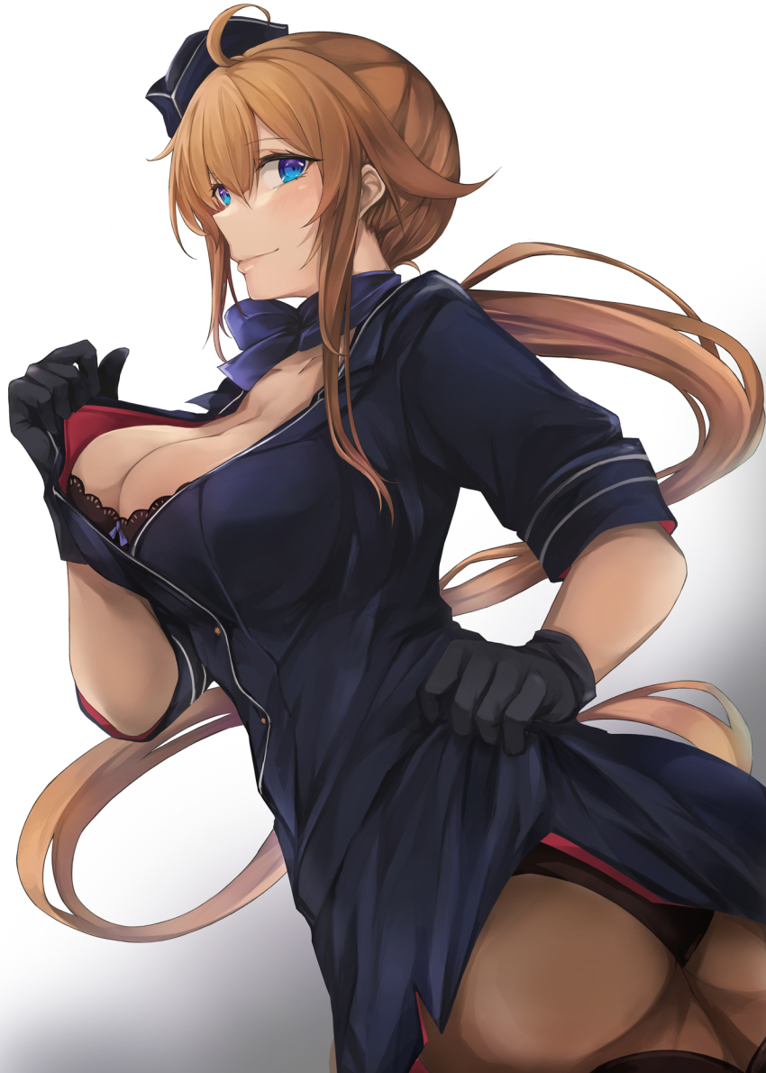 1girl, alternate_costume, ass, black_bra, black_gloves, black_panties, black_pantyhose, blonde_hair