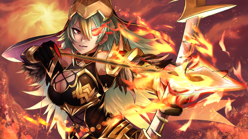 1girl, arrow_(projectile), bare_shoulders, black_gloves, bow_(weapon), breasts, cleavage, cleavage_cutout, clothing_cutout, dark_skin, earrings, feather_trim, fire, fire_emblem, fire_emblem_heroes, flaming_eye, gloves, green_hair, hair_between_eyes, highres, holding, holding_arrow, holding_bow_(weapon), holding_weapon, jewelry, laegjarn_(fire_emblem), laegjarn_(flame_ascendant)_(fire_emblem), long_hair, multicolored_hair, nezumida_yonekiti, nintendo, official_alternate_costume, orange_hair, red_eyes, solo, two-tone_hair, weapon
