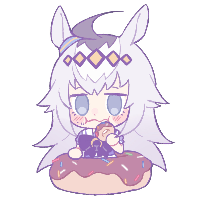 1girl, ahoge, animal_ears, black_hair, blue_eyes, blush, chibi, donut