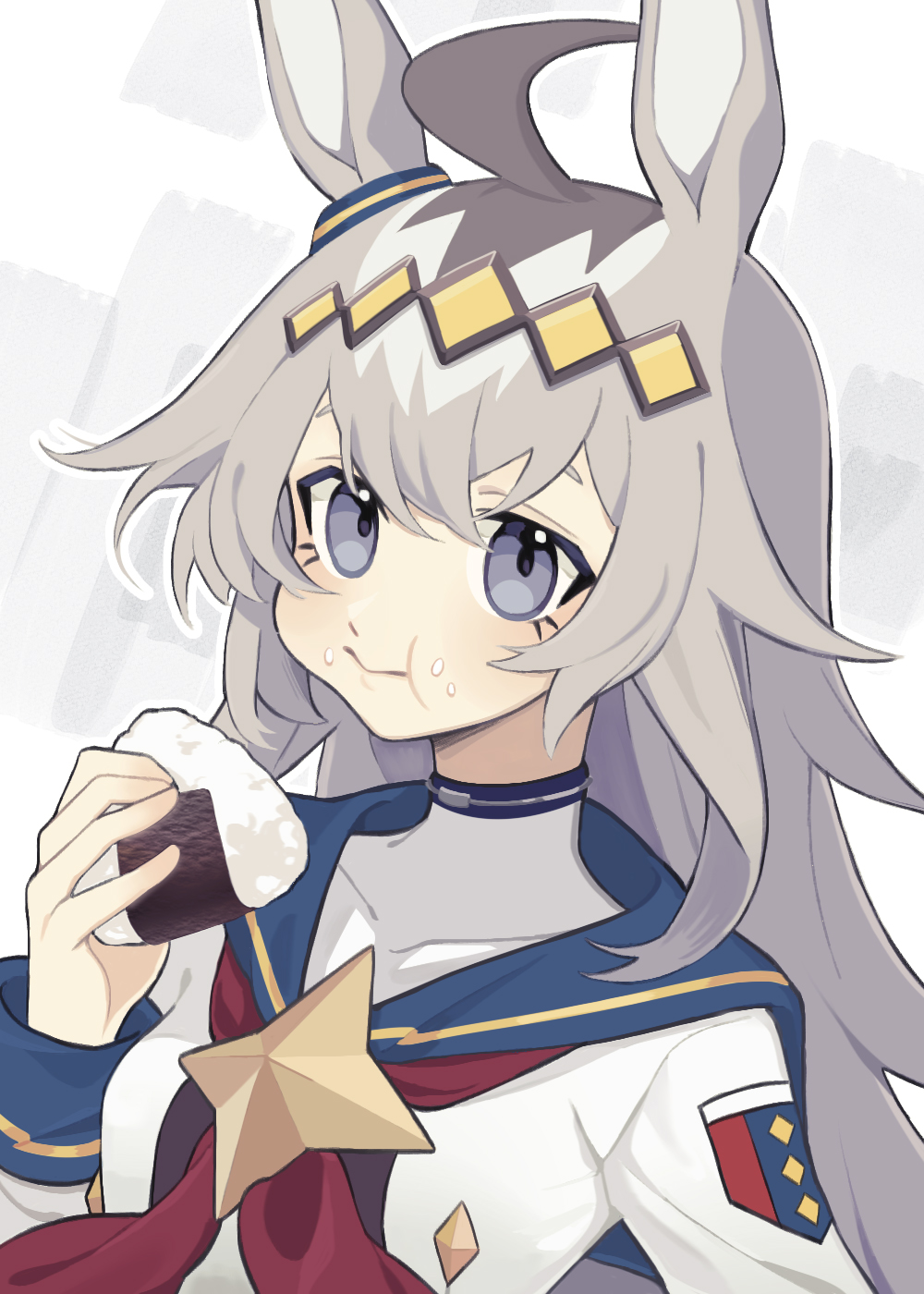 1girl, :t, ahoge, animal_ears, closed_mouth, collarbone, eating, food