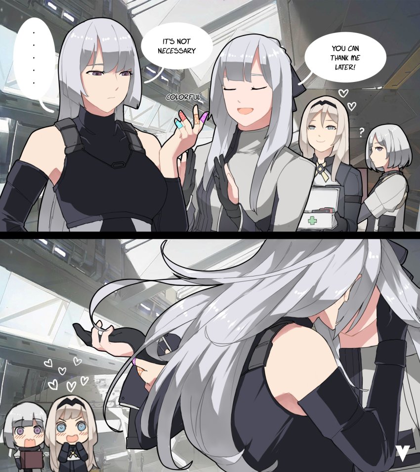 ..., 2koma, 4girls, ?, ak-12_(girls'_frontline), ak-15_(girls'_frontline), an-94_(girls'_frontline), bare_shoulders, black_gloves, blue_eyes, blush, box, closed_eyes, closed_mouth, comic, defy_(girls'_frontline), english_text, girls'_frontline, gloves, hairband, heart, highres, holding, holding_box, implied_kiss, long_hair, long_sleeves, multiple_girls, open_mouth, partially_fingerless_gloves, purple_eyes, rpk-16_(girls'_frontline), short_hair, silver_hair, speech_bubble, spoken_ellipsis, variasii, yuri