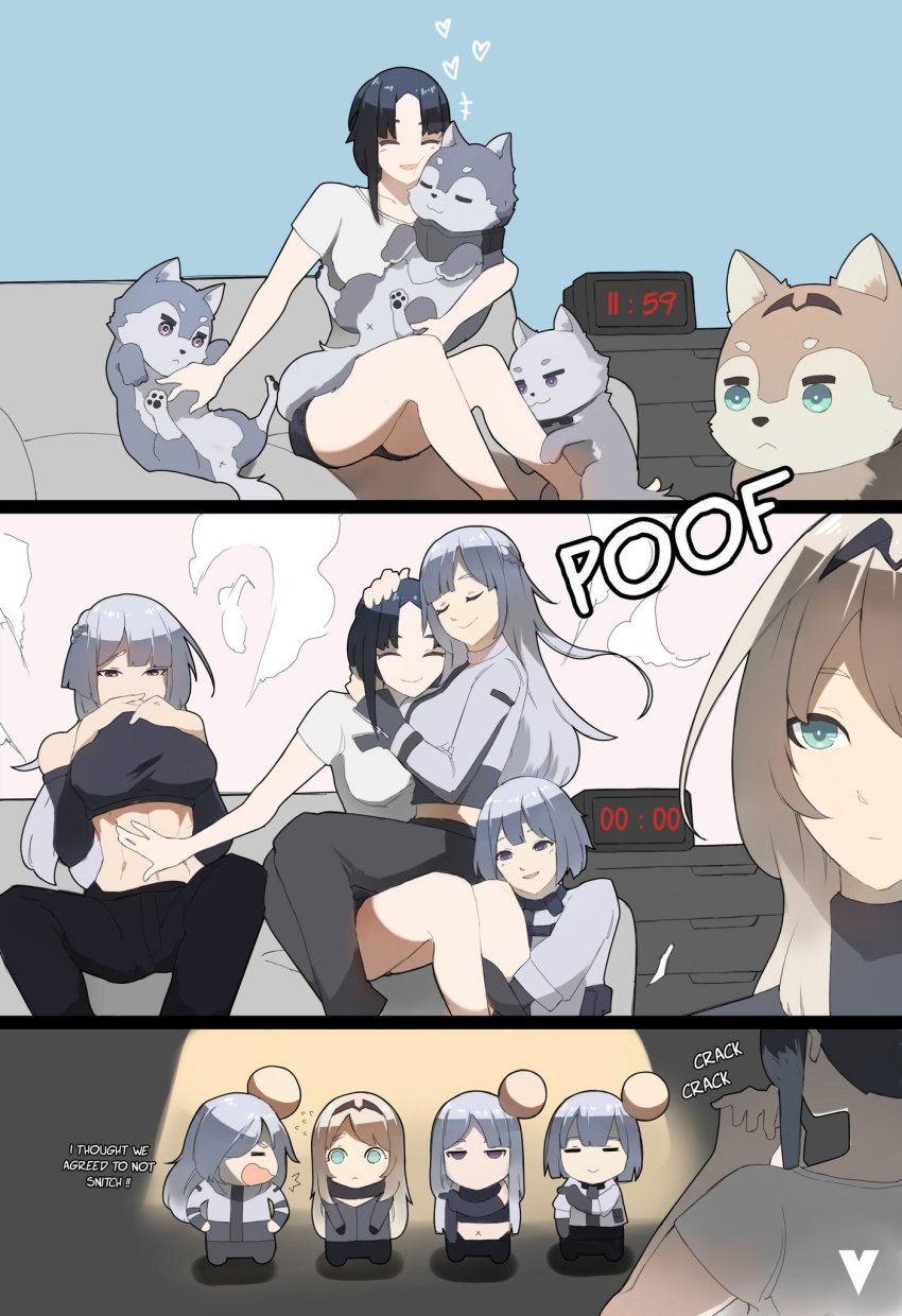 3koma, 5girls, abs, ak-12_(girls'_frontline), ak-15_(girls'_frontline), alarm_clock, an-94_(girls'_frontline), angelia_(girls'_frontline), animalization, aqua_eyes, bare_shoulders, belly_rub, black_hair, black_pants, clock, closed_eyes, comic, crop_top, defy_(girls'_frontline), dog, drawer, girls'_frontline, grey_shirt, highres, korean_commentary, long_hair, midriff, multiple_girls, open_mouth, pants, platinum_blonde_hair, purple_eyes, rpk-16_(girls'_frontline), shirt, short_hair, silver_hair, sitting, sitting_on_person, variasii, wolf