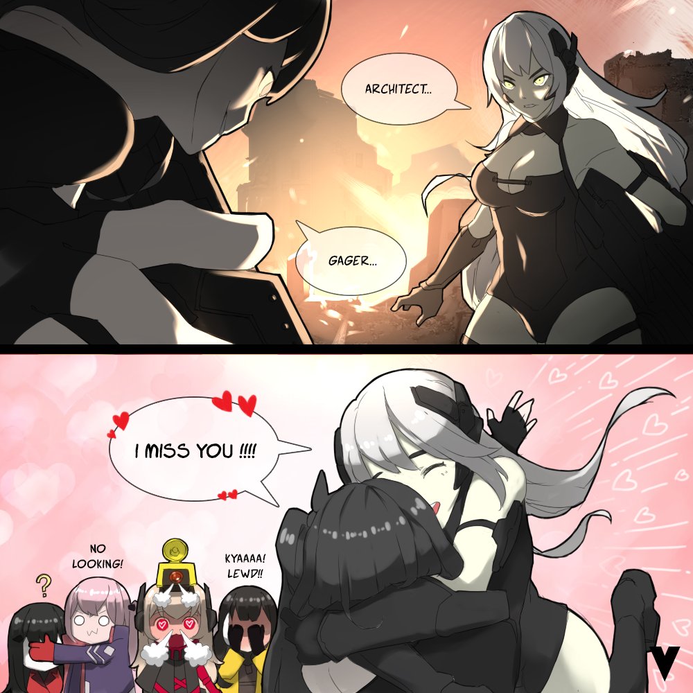 2koma, 6+girls, ?, anti-rain_(girls'_frontline), architect_(girls'_frontline), banana_(girls'_frontline), black_hair, blush