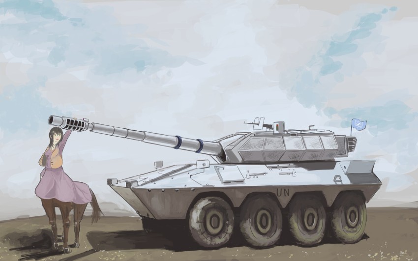 1girl, amacalva, arm_up, armored_personnel_carrier, armored_vehicle, b1_centauro, black_hair, blush, breasts, brown_fur, cannon, centaur, cloud, cloudy_sky, commentary_request, day, fantasy, flag, flag_on_vehicle, full_body, gun, highres, horse_tail, light_blush, long_hair, machine_gun, medium_breasts, military, military_vehicle, motor_vehicle, name_connection, object_namesake, open_mouth, original, outdoors, science_fiction, sky, smile, solo, standing, tail, tank_destroyer, taur, turret, vehicle_focus, weapon, wheel