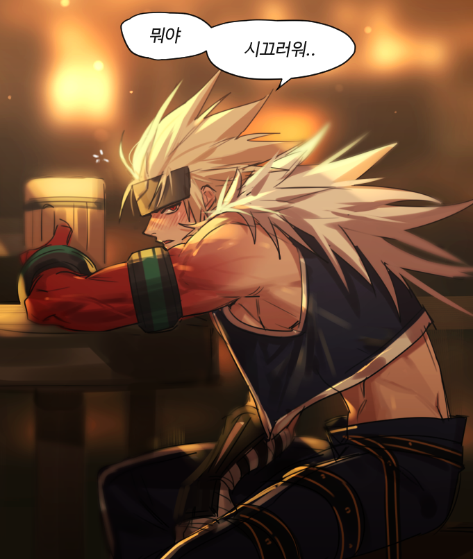 1boy, ahdrowkdrns, alcohol, armband, bad_id, bad_twitter_id, bandaged_arm, bandages, bar_(place), beer, beer_mug, biceps, blurry, blurry_background, blush, cup, drunk, gauntlets, helmet, jacket, leather, leather_jacket, leather_pants, long_hair, looking_at_viewer, male_focus, mug, muscular, muscular_male, open_mouth, original, pants, red_eyes, sitting, sleeveless, solo, spiked_hair, squeans, table, white_hair, wristband