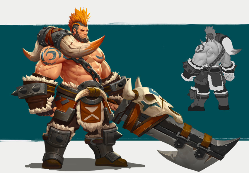 1boy, abs, animal_skull, bara, beard, biceps, black_hair, blue_eyes