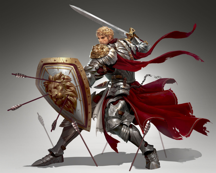 1boy, armor, arrow_(projectile), beard, blonde_hair, cape, chain, facial_hair, fighting_stance, highres, kang_nk, knight, leg_armor, lion, loincloth, looking_at_viewer, male_focus, manly, mature_male, muscular, muscular_male, original, shield, short_hair, shoulder_armor, shoulder_pads, skirt, solo, spiked_hair, sword, warrior, weapon
