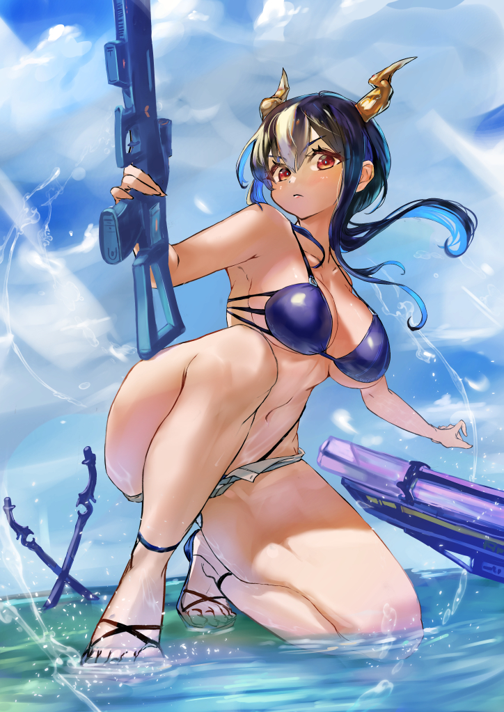 1girl, arknights, aya_tarou, bikini, black_bikini, black_hair, blue_hair, breasts