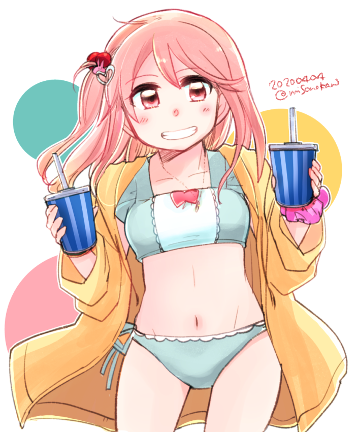 1girl, alternate_hairstyle, bikini, blue_bikini, cowboy_shot, drinking_straw, holding, izumiyamisono