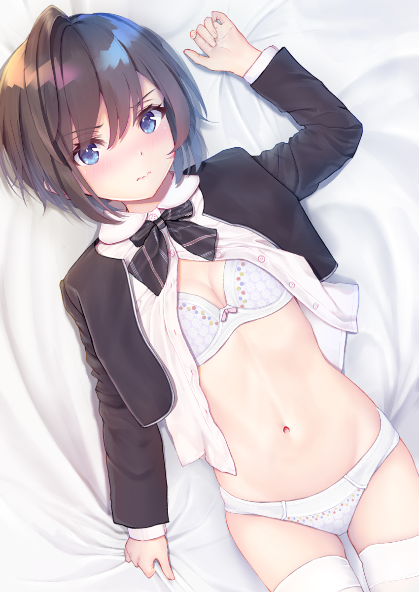 1girl, arisugawa_riu, black_bow, black_bowtie, blue_eyes, blush, bow, bow_bra