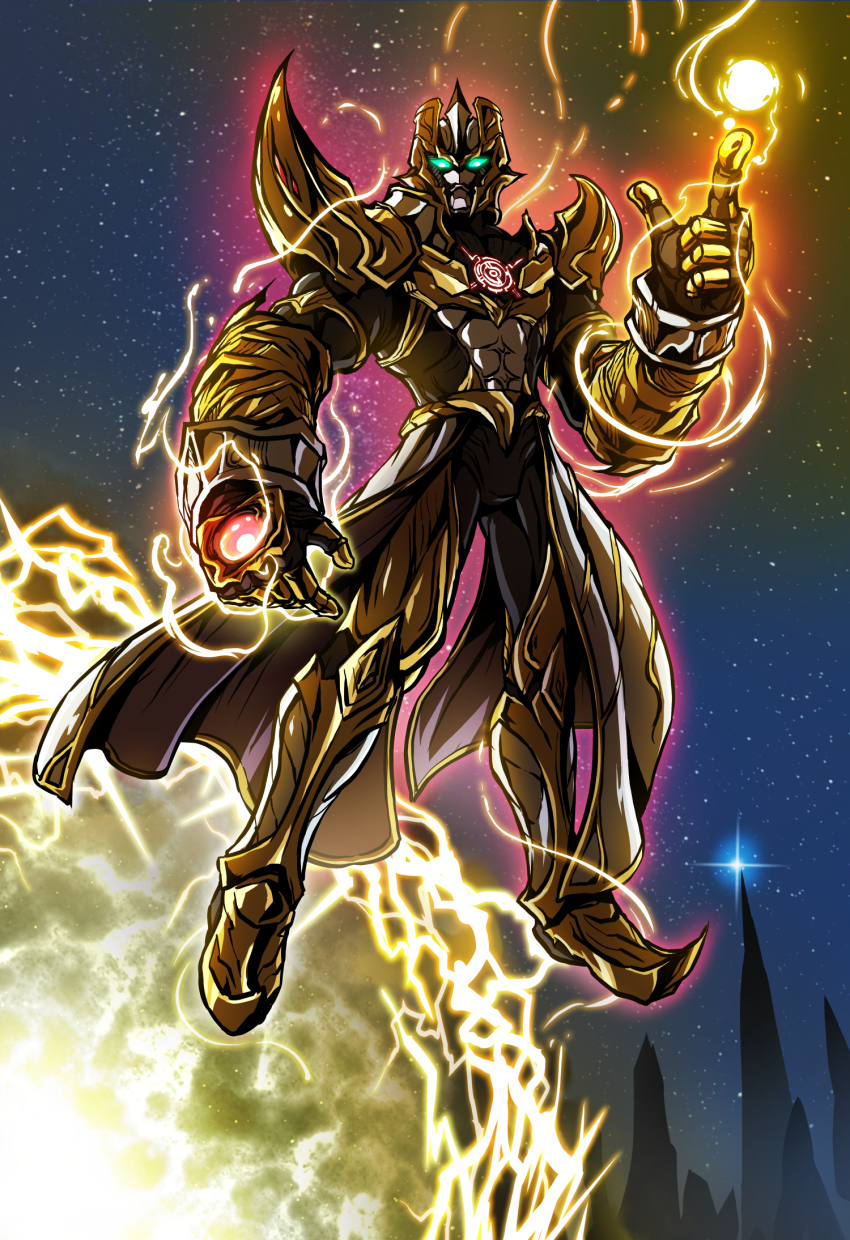 1boy, absolute_tartarus, alien, armor, belt, bodysuit, capelet, gloves