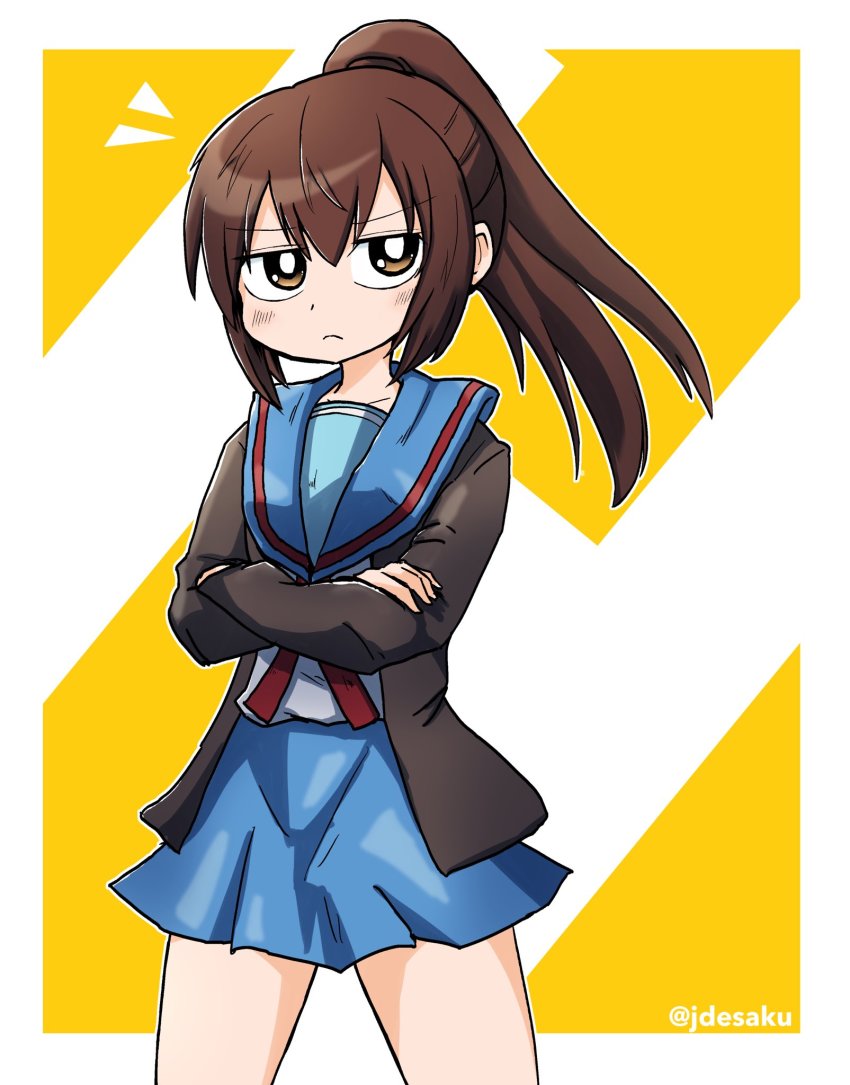 1girl, artist_name, blue_sailor_collar, blue_skirt, border, brown_cardigan, brown_hair, cardigan