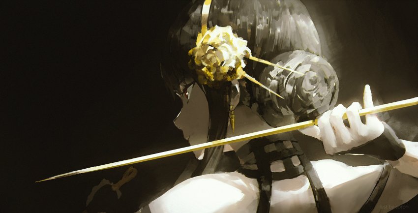 1girl, absurdres, arm_behind_head, bare_shoulders, black_choker, black_dress, black_gloves, black_hair