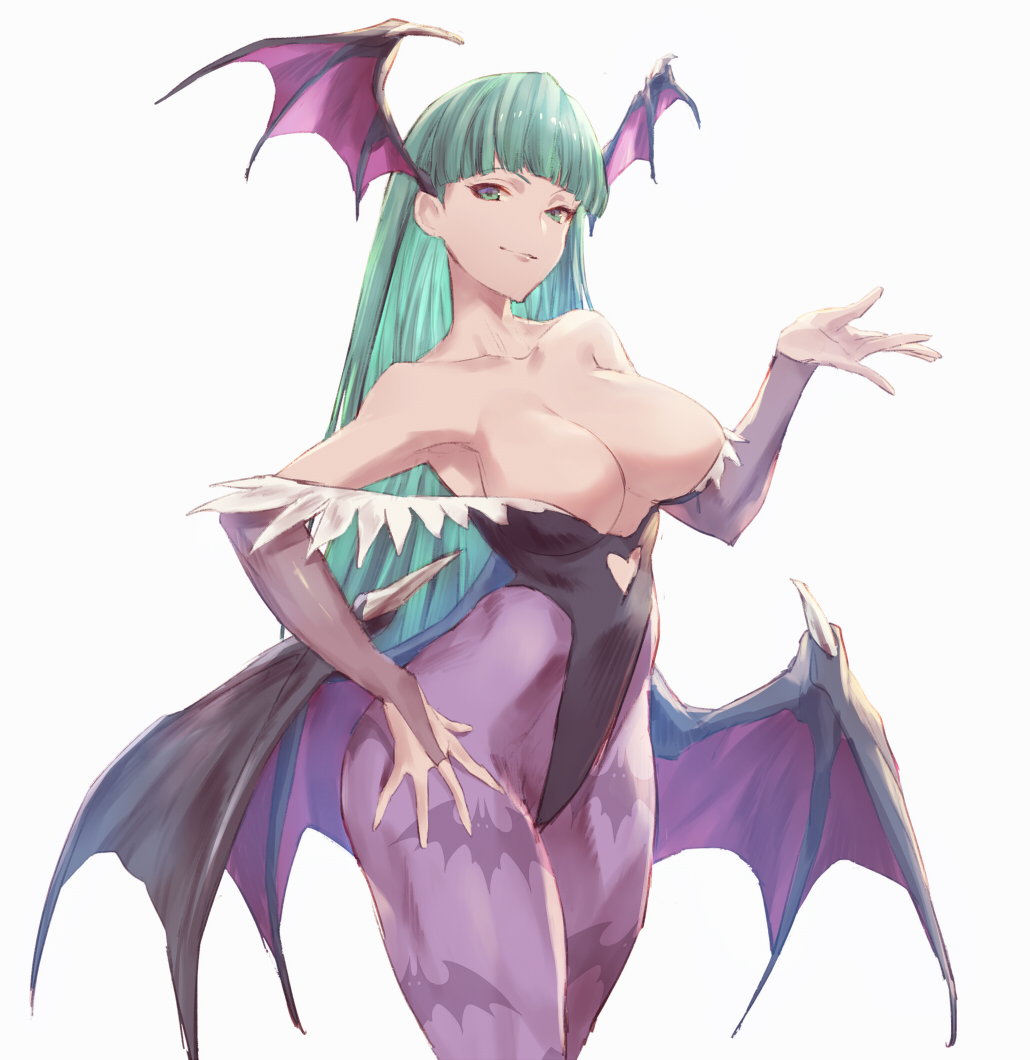 1girl, animal_print, bare_shoulders, bat_print, blunt_bangs, breasts, bridal_gauntlets, capcom