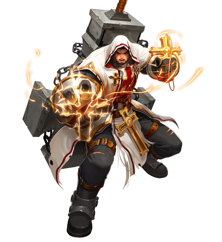 1boy, beard, belt, black_footwear, black_gloves, black_pants, brown_eyes, brown_hair, chain, cross, dungeon_and_fighter, facial_hair, full_body, gloves, hood, hood_up, kang_nk, long_hair, male_crusader_(dungeon_and_fighter), male_focus, male_priest_(dungeon_and_fighter), mature_male, muscular, muscular_male, pants, priest_(dungeon_and_fighter), robe, scar, scar_on_face, simple_background, solo, thick_thighs, thighs, vambraces, weapon, white_background