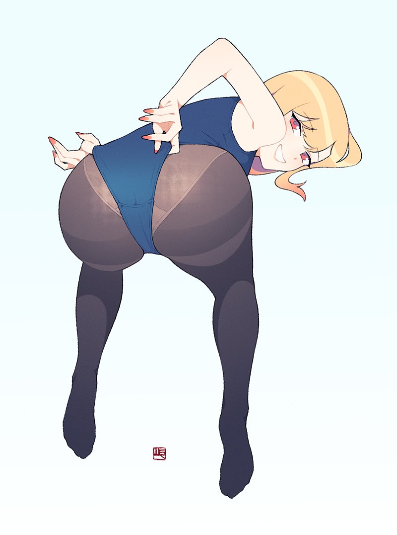 1girl, armpits, ass, ass_focus, bare_shoulders, black_pantyhose, blonde_hair, blue_one-piece_swimsuit