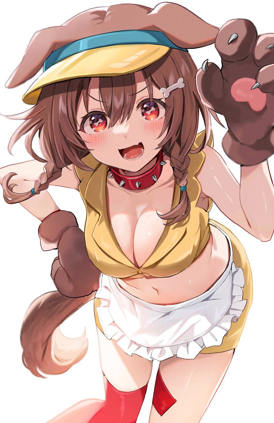 1girl, :d, animal_ears, animal_hands, apron, blush, bone-shaped_pupils, bone_hair_ornament, braid, breasts, brown_hair, cleavage, collar, crop_top, dog_ears, dog_girl, dog_tail, doggy_god's_street, frilled_apron, frills, gloves, hair_ornament, highres, hololive, inugami_korone, large_breasts, midriff, open_mouth, paw_gloves, red_eyes, satoupote, smile, solo, spiked_collar, spikes, symbol-shaped_pupils, tail, twin_braids, virtual_youtuber, visor_cap, waist_apron