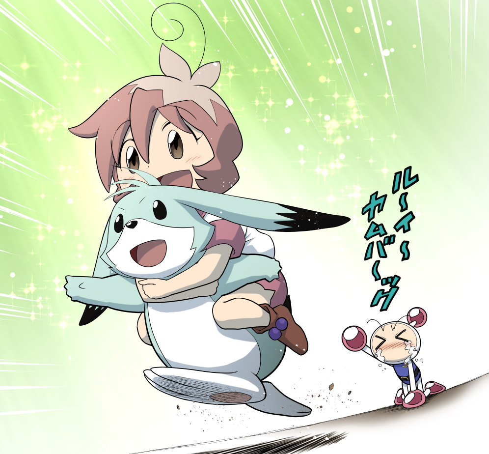 >_<, 1boy, 1girl, all_fours, antenna_hair, arms_up, badge, belt