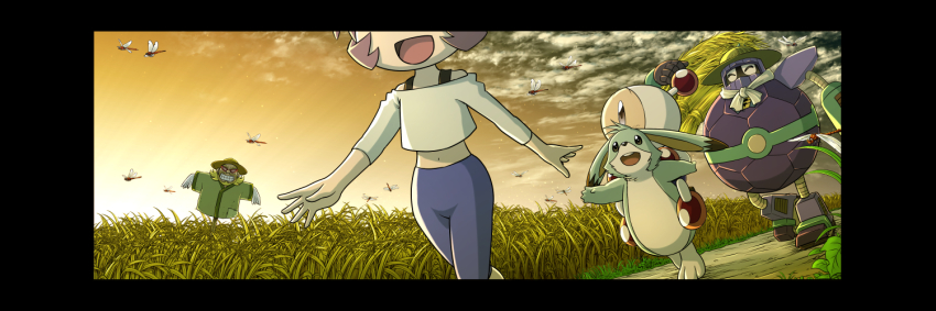 1girl, 2boys, ^_^, alternate_costume, arm_at_side, arm_up, arms_up, bare_shoulders