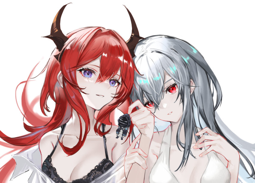 2girls, arknights, bare_shoulders, bikini, black_bra, blouse, bra, breasts
