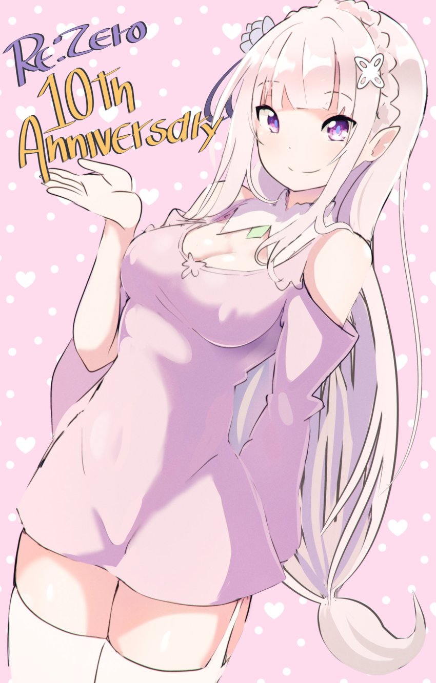 1girl, braid, breasts, cleavage, covered_erect_nipples, dress, elf, emilia_(re:zero)