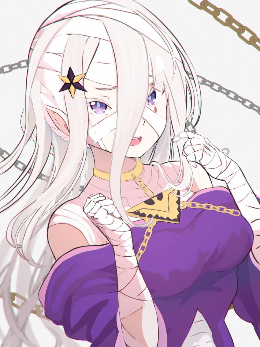 1girl, bandages, breasts, chain, cosplay, dress, elf, highres