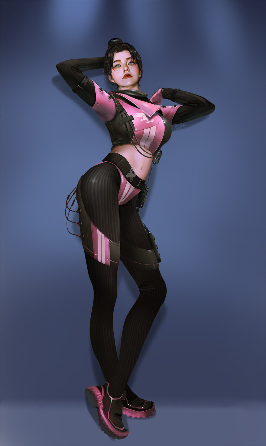 1girl, adapted_costume, apex_legends, arm_behind_head, belt, black_belt, black_hair, black_pantyhose