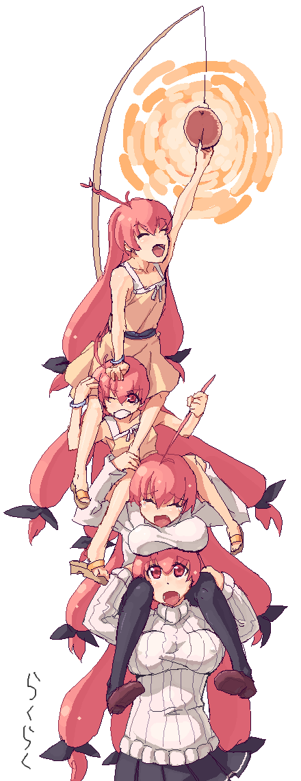 4girls, ahoge, bracelet, breast_rest, breasts, clenched_teeth, closed_eyes, covered_erect_nipples