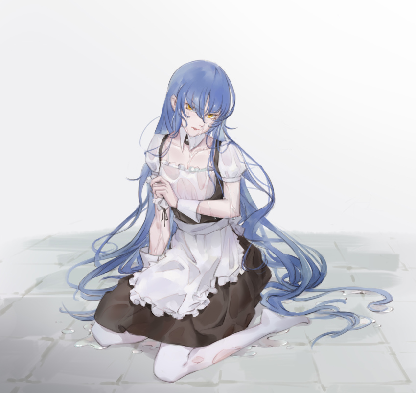 1boy, 1girl, androgynous, apron, asymmetrical_hair, dress, eyelashes, frills