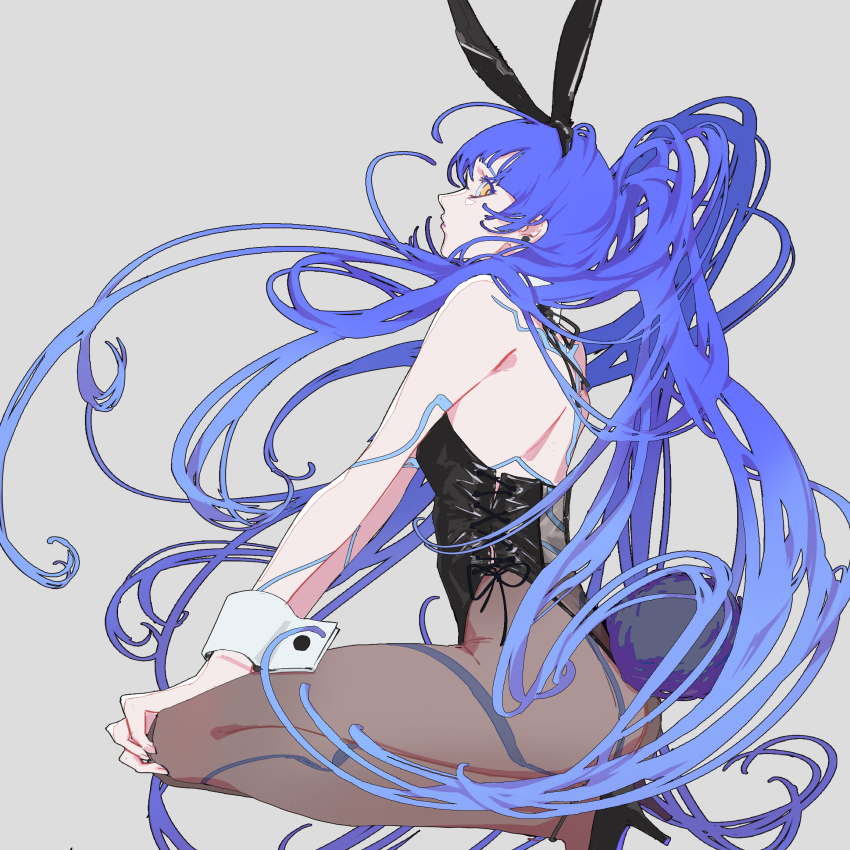 1boy, androgynous, animal_ears, ass, breasts, cleavage, detached_collar, eyelashes