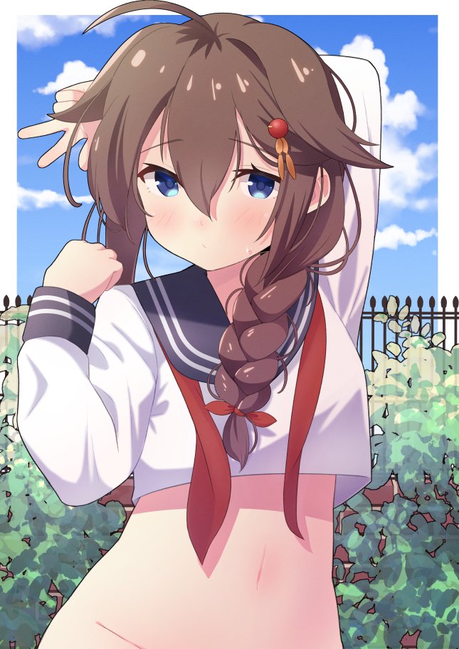 ahoge, black_hair, black_sailor_collar, blue_eyes, blue_sky, bottomless, braid, cloud, crop_top, day, fence, hair_flaps, hair_ornament, hair_over_shoulder, kantai_collection, neckerchief, out-of-frame_censoring, red_neckerchief, sailor_collar, sanninme_no_haru, school_uniform, serafuku, shigure_(kancolle), shigure_kai_ni_(kancolle), single_braid, sky, undersized_clothes