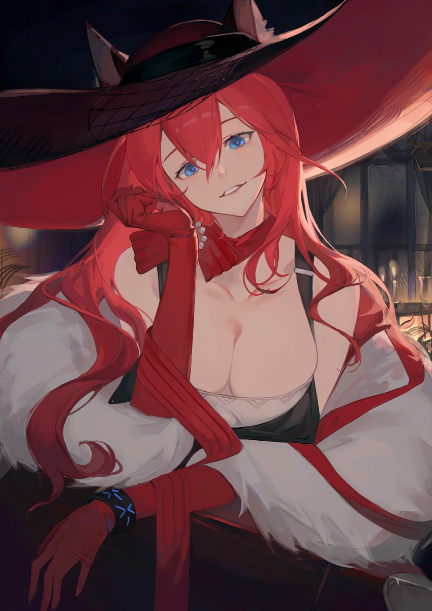 1girl, animal_ears, arknights, bare_shoulders, blue_eyes, breasts, cat_ears, cleavage