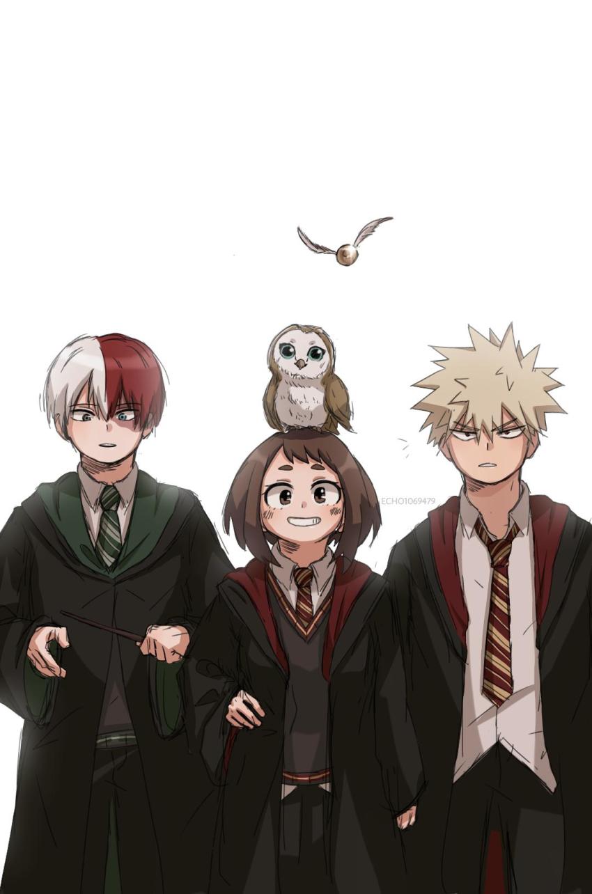 1girl, 2boys, artist_name, bakugou_katsuki, bird, blonde_hair, blue_eyes, boku_no_hero_academia