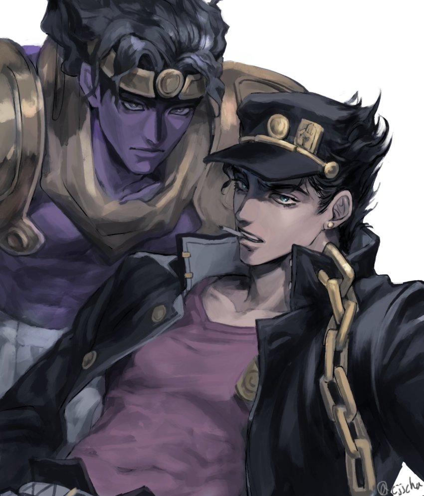 2boys, abs, aqua_eyes, black_hair, blonde_hair, chain, cigarette, cjjcha