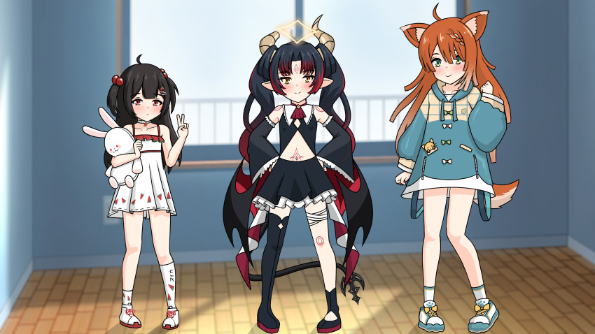 3girls, absurdres, animal_ears, asymmetrical_legwear, black_hair, blush, blush_stickers, child, closed_mouth, commission, demon_horns, demon_tail, demon_wings, emi_suika, female_focus, floor, fox_ears, fox_tail, full_body, green_eyes, hair_ornament, halo, highres, horns, chromashift, indoors, knees, legs, lily_sin, looking_at_viewer, multicolored_hair, multiple_girls, neo_sparkles, orange_hair, stuffed_toy, pointy_ears, red_eyes, shirt, shoes, skirt, smile, socks, tail, thighs, v, virtual_youtuber, window, wings, yellow_eyes, yiku1707