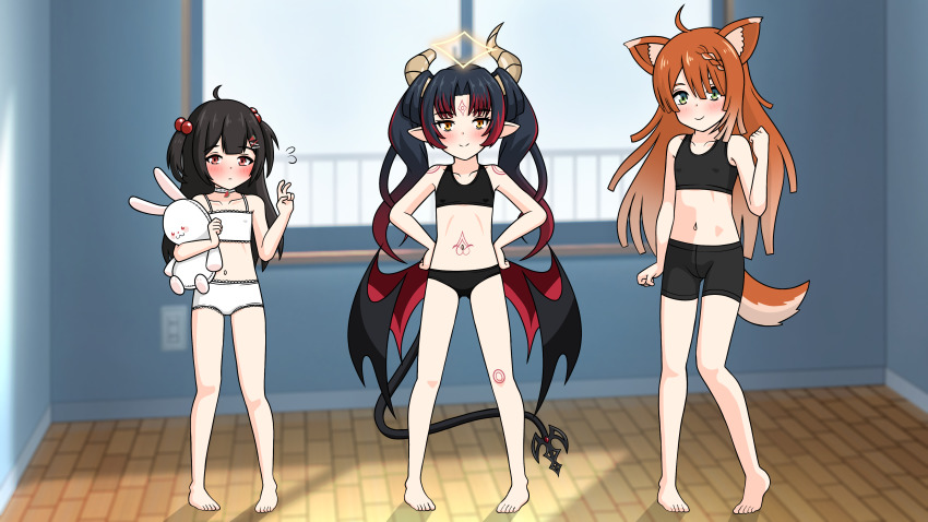 3girls, absurdres, animal_ears, barefoot, bike_shorts, black_bike_shorts, black_bra, black_hair, black_panties, black_pantyhose, blush, blush_stickers, bra, closed_mouth, commission, demon_horns, demon_tail, demon_wings, emi_suika, feet, female_focus, floor, fox_ears, fox_tail, full_body, green_eyes, hair_ornament, halo, highres, horns, hotpants, chromashift, indoors, knees, legs, lily_sin, loli, looking_at_viewer, midriff, multicolored_hair, multiple_girls, navel, neo_sparkles, orange_hair, panties, pantyhose, pointy_ears, red_eyes, smile, stuffed_animal, stuffed_rabbit, stuffed_toy, tail, thighs, training_bra, underwear, v, virtual_youtuber, white_bra, white_panties, window, wings, yellow_eyes, yiku1707