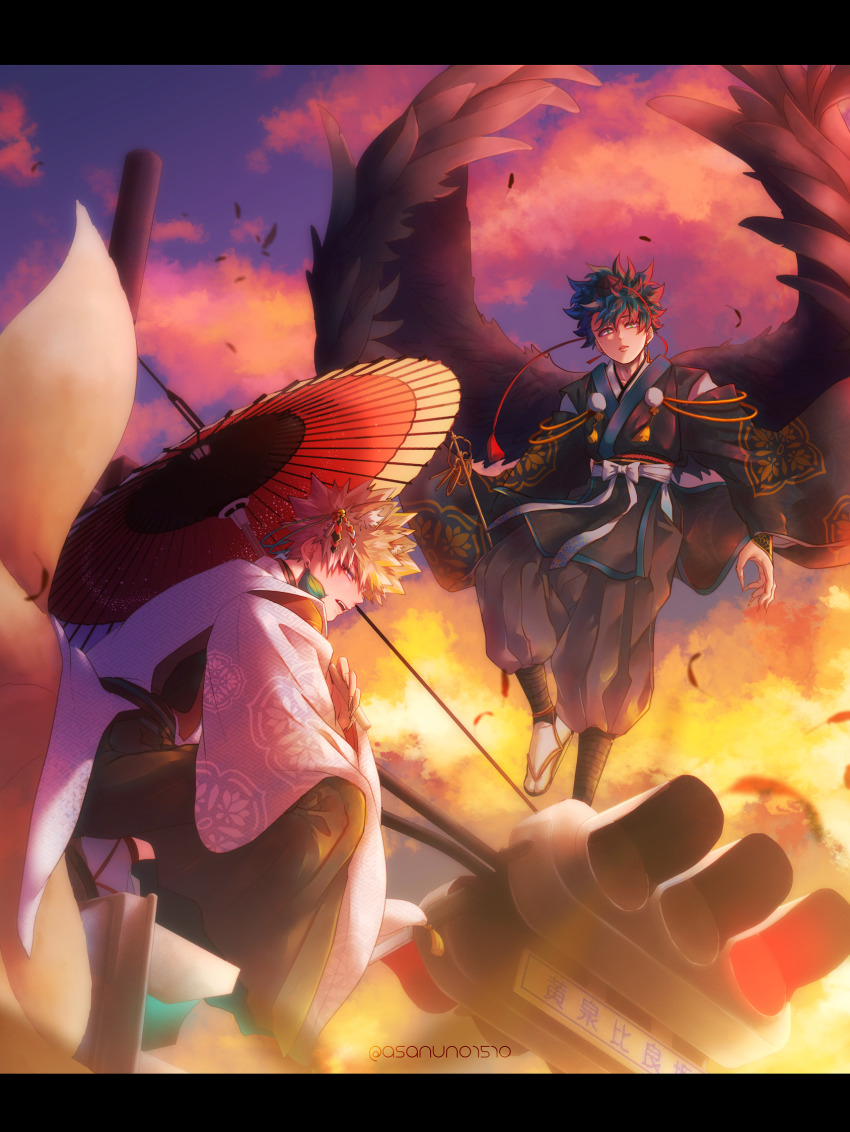 2boys, animal_ears, asanuno1510, bakugou_katsuki, black_hakama, black_kimono, blonde_hair, boku_no_hero_academia